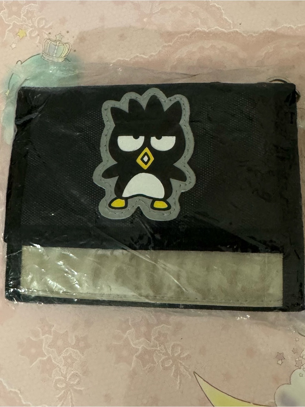 Vintage Sanrio Black Badtz-Maru tri fold Wallet with Silver Chain and loop snap